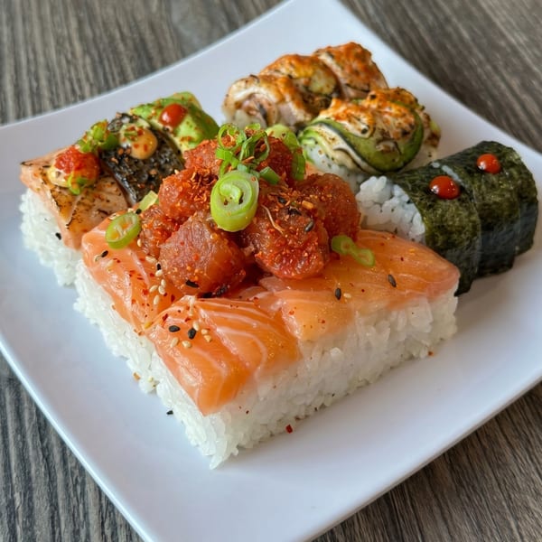 A white plate holds various sushi rolls, including salmon nigiri, spicy tuna, and seaweed-wrapped rolls.
